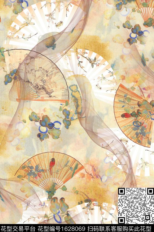 中国风花卉扇子数码印花华亿平台下载（图片编号: 1628069） - 瓦栏（Walan）