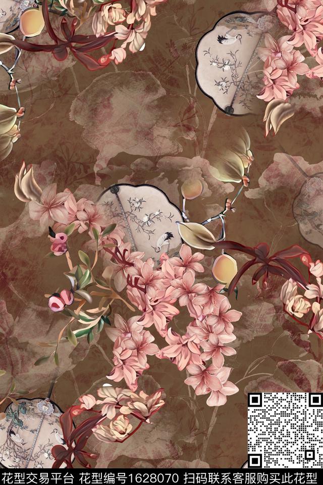 中国风花卉扇子数码印花华亿平台下载（图片编号: 1628070） - 瓦栏（Walan）