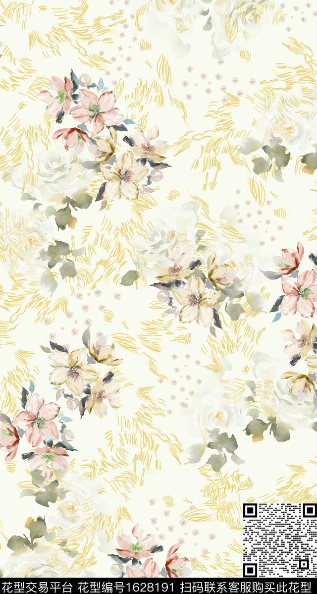 花卉水彩花卉线条数码印花华亿平台下载（图片编号: 1628191） - 瓦栏（Walan）