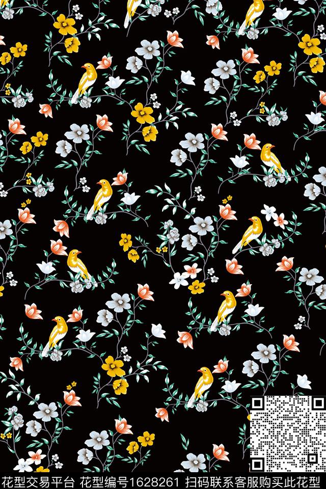 小碎花手绘花鸟数码印花华亿平台下载（图片编号: 1628261） - 瓦栏（Walan）