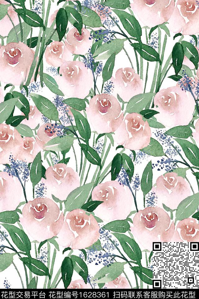 花卉水彩花卉白底花数码印花华亿平台下载（图片编号: 1628361） - 瓦栏（Walan）