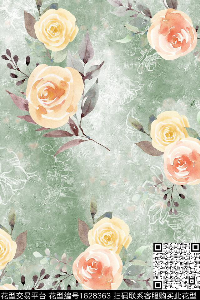花卉水彩花卉肌理数码印花华亿平台下载（图片编号: 1628363） - 瓦栏（Walan）