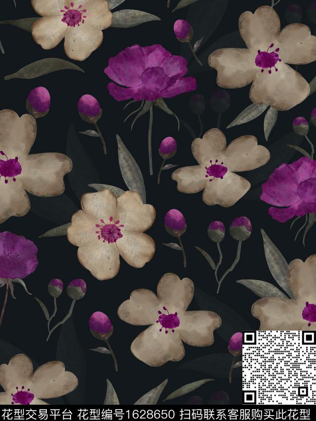 黑底花卉水彩花卉中老年数码印花华亿平台下载（图片编号: 1628650） - 瓦栏（Walan）