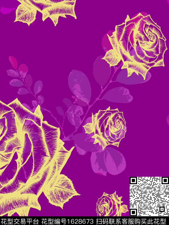 大花撞色花卉数码印花华亿平台下载（图片编号: 1628673） - 瓦栏（Walan）