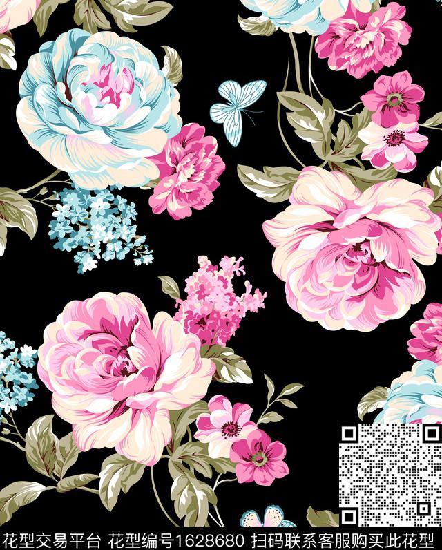 花卉黑底花卉蝴蝶数码印花华亿平台下载（图片编号: 1628680） - 瓦栏（Walan）