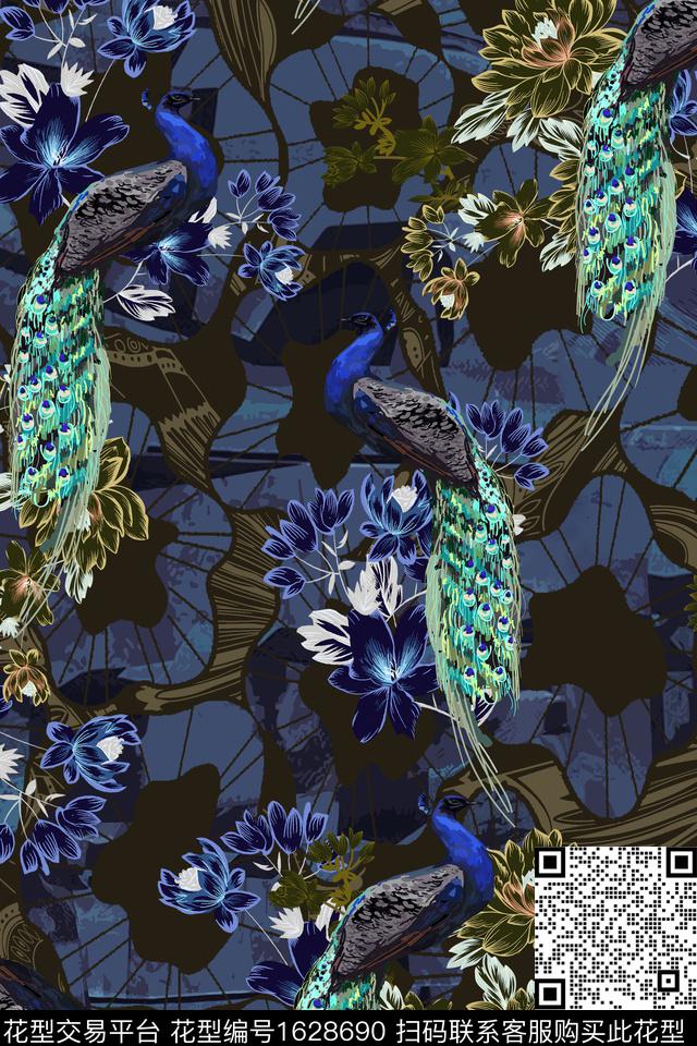 鸟花卉孔雀数码印花华亿平台下载（图片编号: 1628690） - 瓦栏（Walan）
