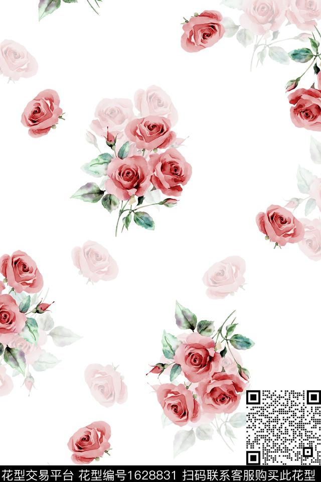 花卉水彩花卉白底花数码印花华亿平台下载（图片编号: 1628831） - 瓦栏（Walan）