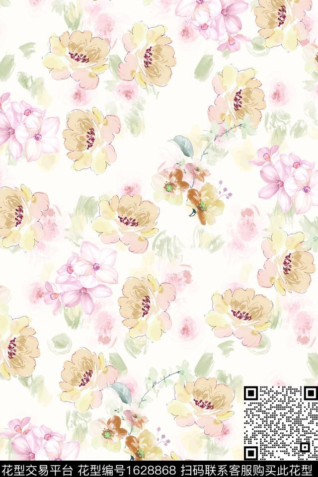 小清新水彩花卉白底花数码印花华亿平台下载（图片编号: 1628868） - 瓦栏（Walan）