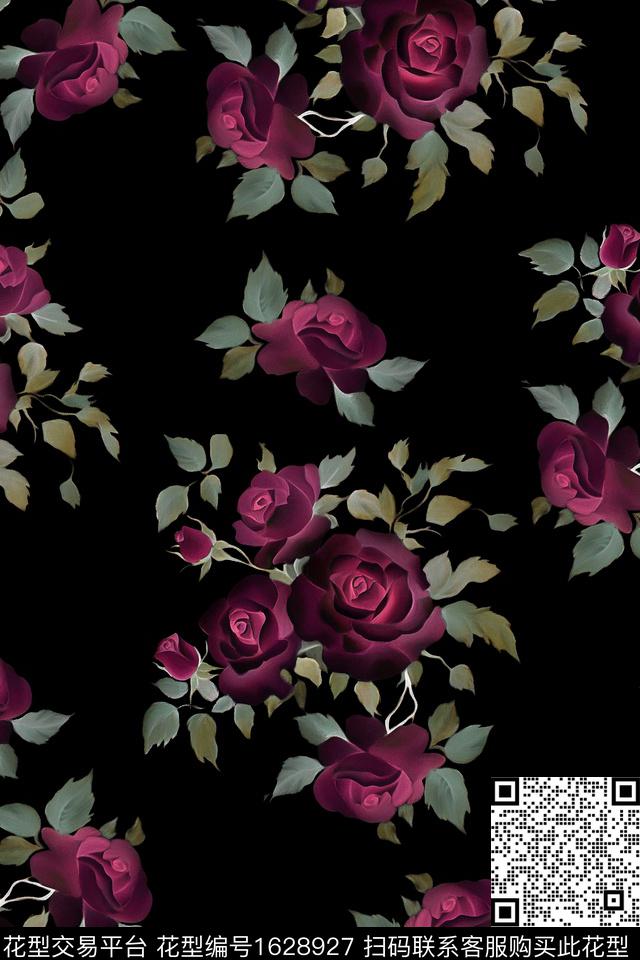花卉黑底花卉手绘花卉数码印花华亿平台下载（图片编号: 1628927） - 瓦栏（Walan）