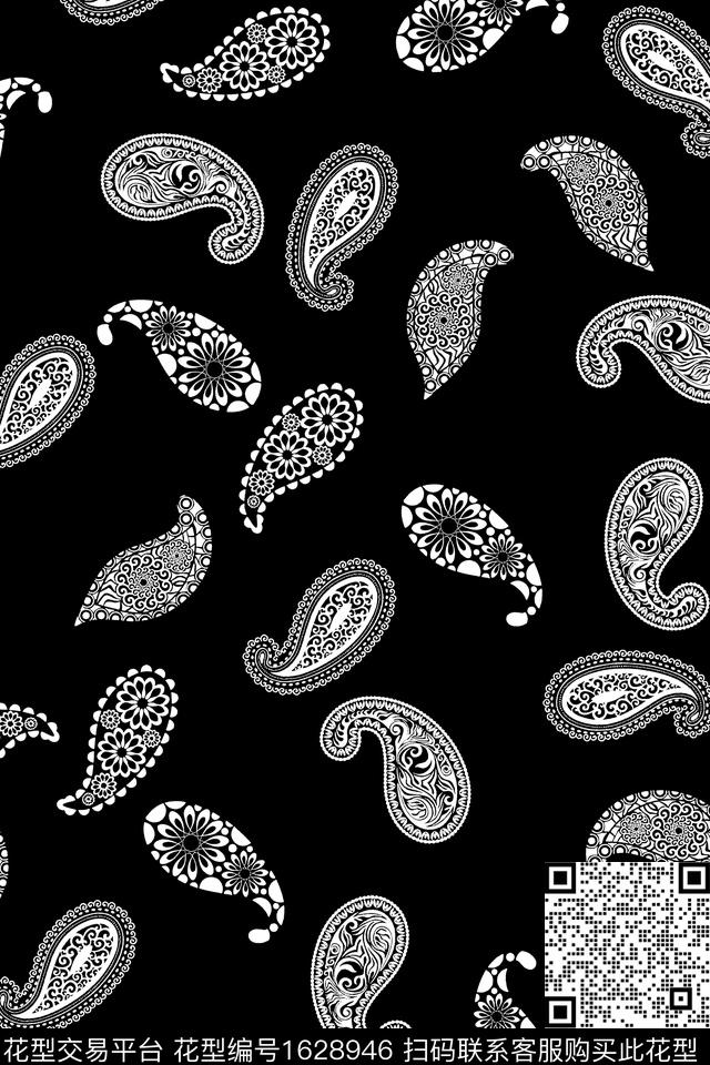 民族风黑白佩斯利传统印花华亿平台下载（图片编号: 1628946） - 瓦栏（Walan）