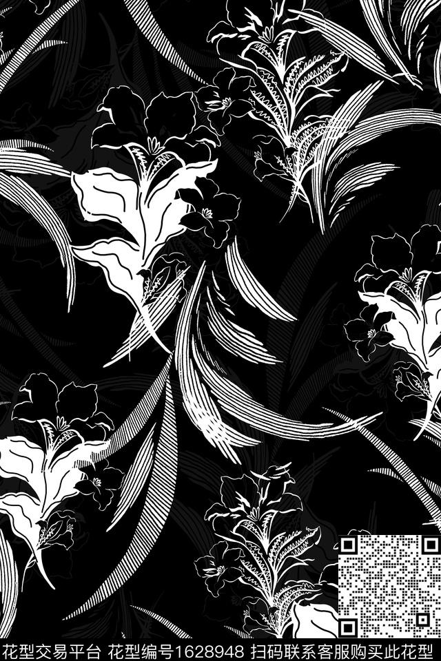 黑底花卉花卉黑白华亿平台数码印花华亿平台下载（图片编号: 1628948） - 瓦栏（Walan）