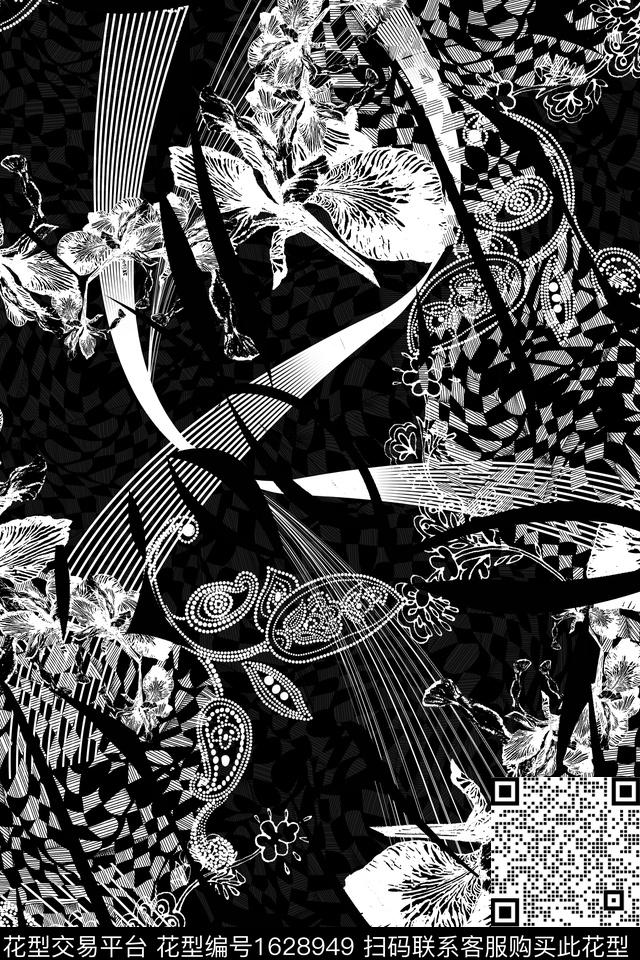 线条民族风格子数码印花华亿平台下载（图片编号: 1628949） - 瓦栏（Walan）