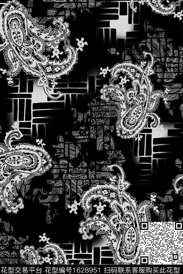 民族风佩斯利黑白华亿平台数码印花华亿平台下载（图片编号: 1628951） - 瓦栏（Walan）