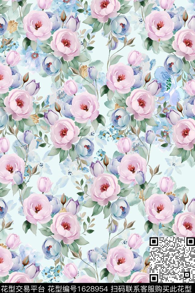 水彩花卉满版散花花卉数码印花华亿平台下载（图片编号: 1628954） - 瓦栏（Walan）