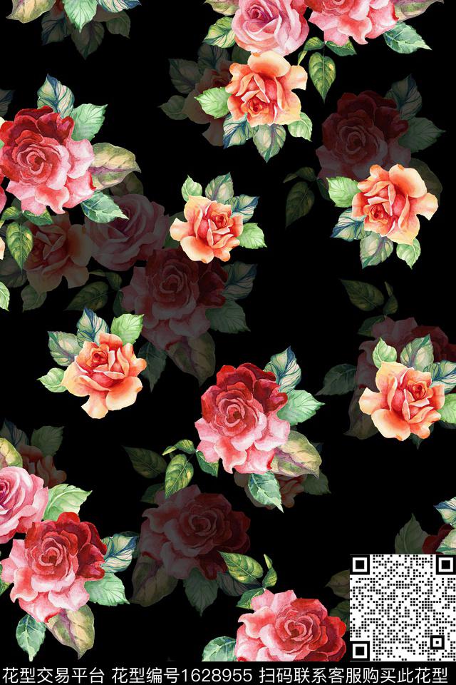 黑底花卉影花花卉数码印花华亿平台下载（图片编号: 1628955） - 瓦栏（Walan）