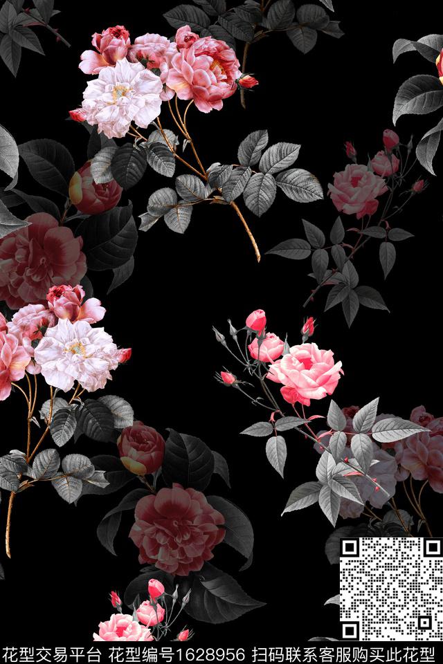 黑底花卉花卉影花数码印花华亿平台下载（图片编号: 1628956） - 瓦栏（Walan）