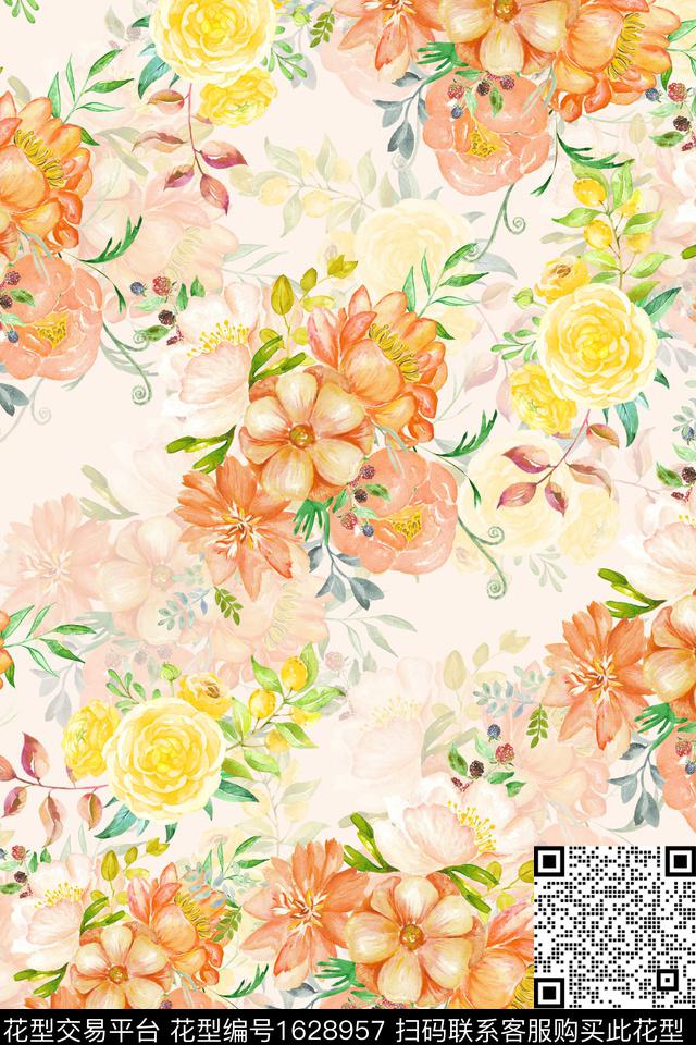 花卉水彩花卉影花数码印花华亿平台下载（图片编号: 1628957） - 瓦栏（Walan）