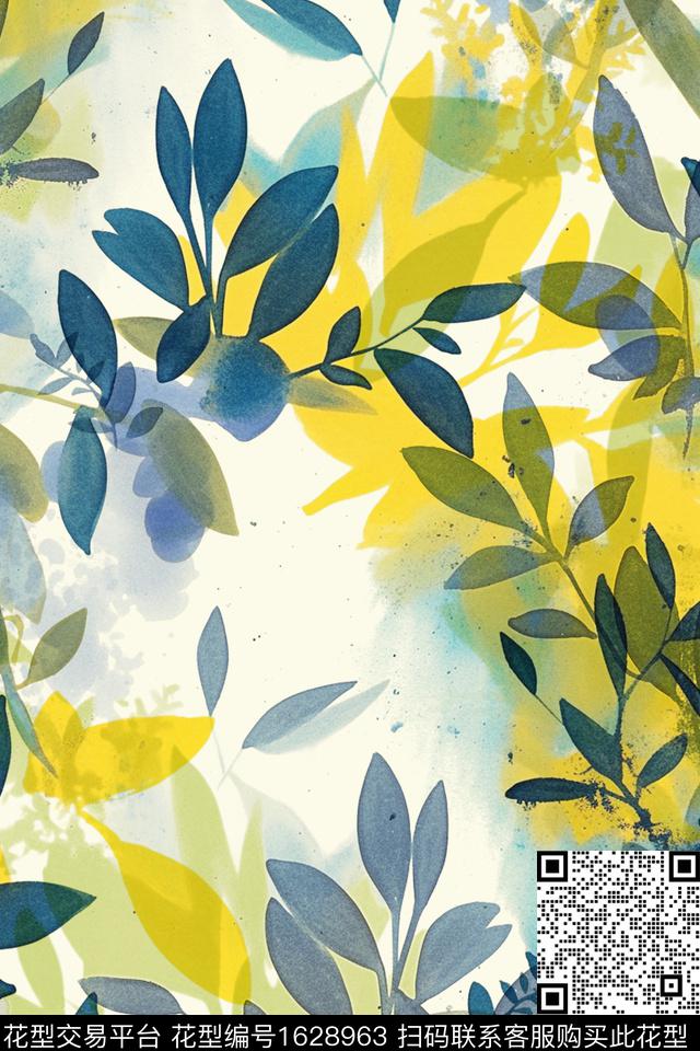植物水彩叶子数码印花华亿平台下载（图片编号: 1628963） - 瓦栏（Walan）