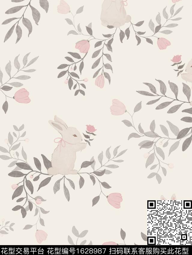 兔子小清新花卉数码印花华亿平台下载（图片编号: 1628987） - 瓦栏（Walan）