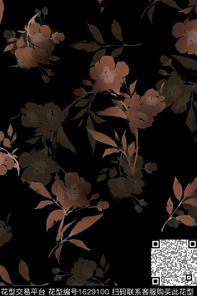 花卉黑底花卉影花数码印花华亿平台下载（图片编号: 1629100） - 瓦栏（Walan）