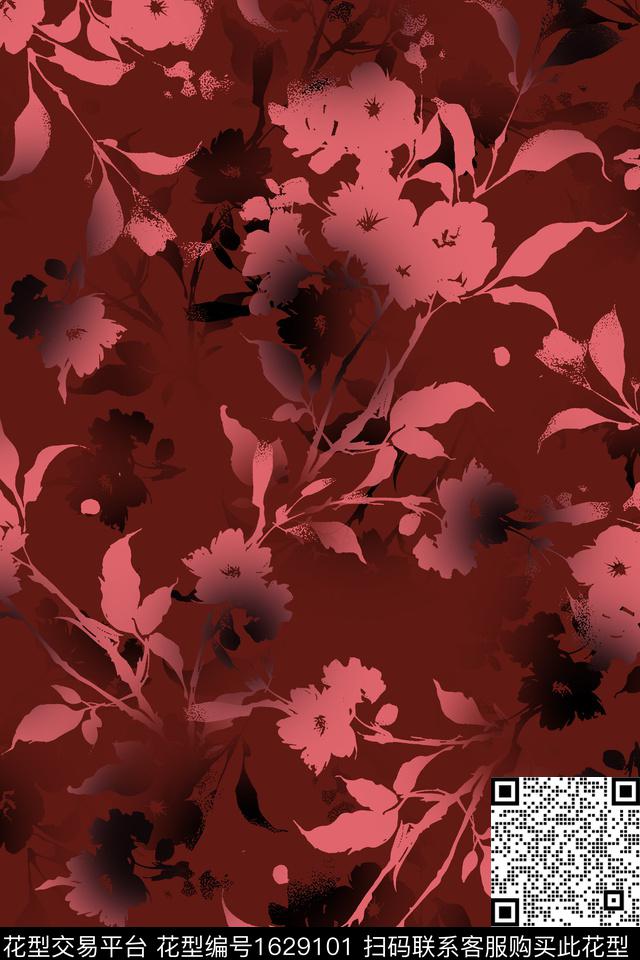 花卉剪影影花数码印花华亿平台下载（图片编号: 1629101） - 瓦栏（Walan）