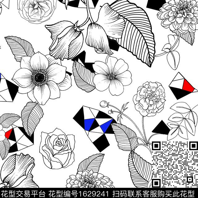 花卉几何线条花卉数码印花华亿平台下载（图片编号: 1629241） - 瓦栏（Walan）
