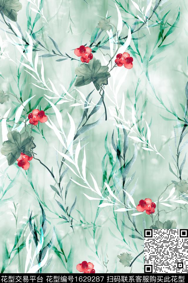 水彩花卉剪影叶子数码印花华亿平台下载（图片编号: 1629287） - 瓦栏（Walan）