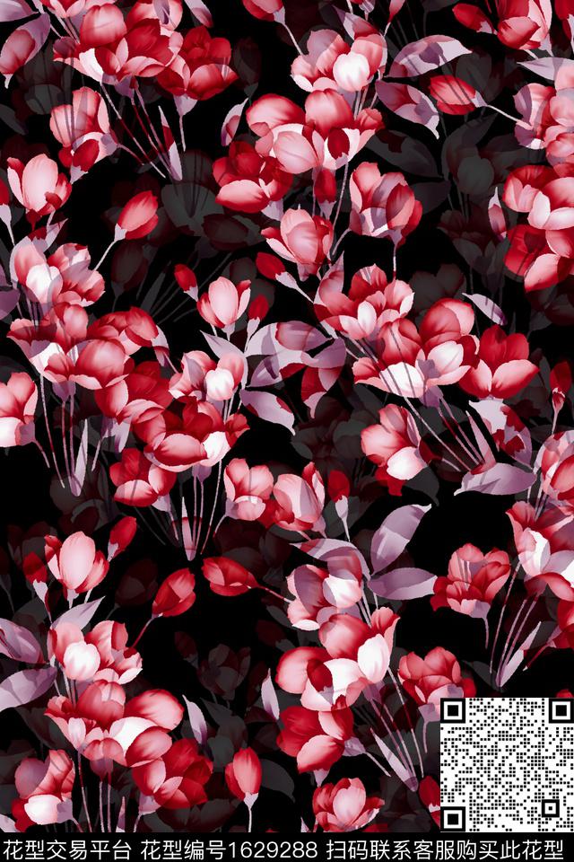 黑底花卉水彩花卉影花数码印花华亿平台下载（图片编号: 1629288） - 瓦栏（Walan）