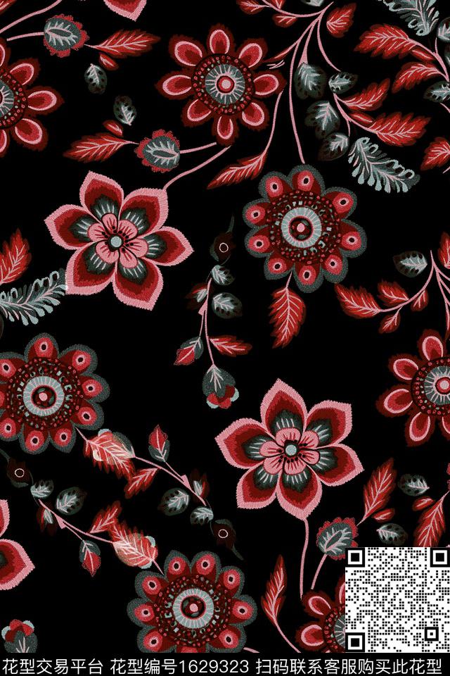 民族风民族花卉刺绣数码印花华亿平台下载（图片编号: 1629323） - 瓦栏（Walan）