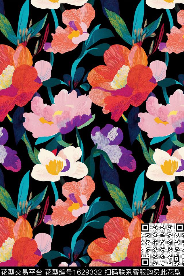 真丝花卉黑底花卉数码印花华亿平台下载（图片编号: 1629332） - 瓦栏（Walan）