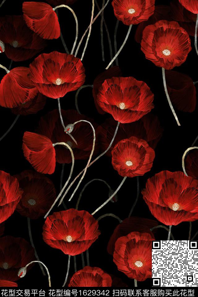 黑底花卉虞美人影花数码印花华亿平台下载（图片编号: 1629342） - 瓦栏（Walan）