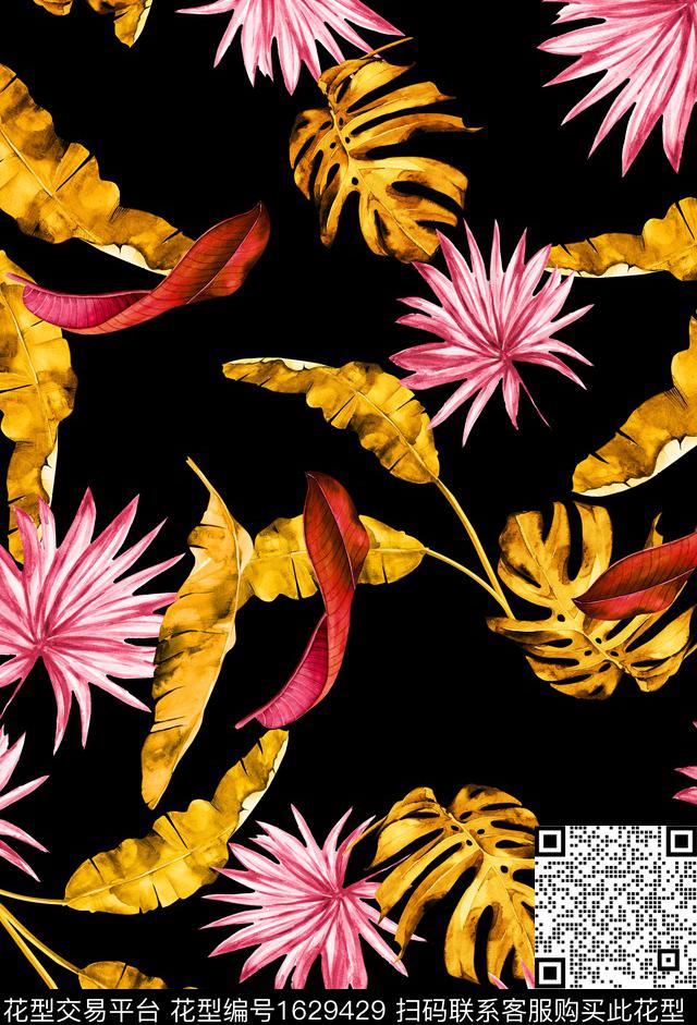 水彩热带黑底数码印花华亿平台下载（图片编号: 1629429） - 瓦栏（Walan）