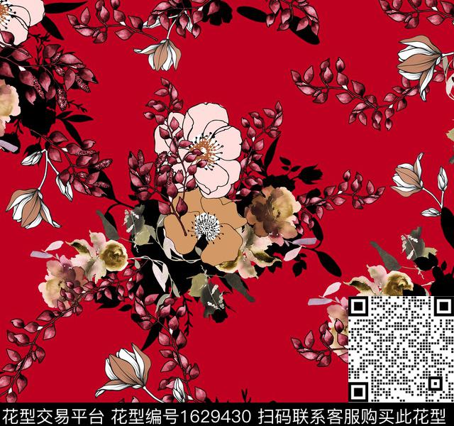 复古花卉水彩花卉数码印花华亿平台下载（图片编号: 1629430） - 瓦栏（Walan）