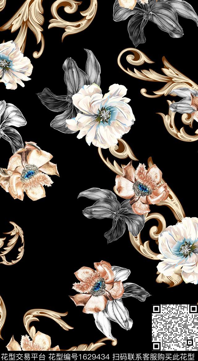 复古花卉黑底花卉数码印花华亿平台下载（图片编号: 1629434） - 瓦栏（Walan）