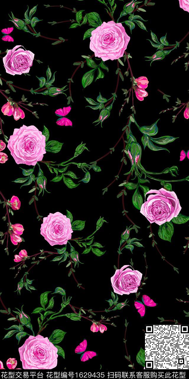 花卉黑底花卉枝条花数码印花华亿平台下载（图片编号: 1629435） - 瓦栏（Walan）