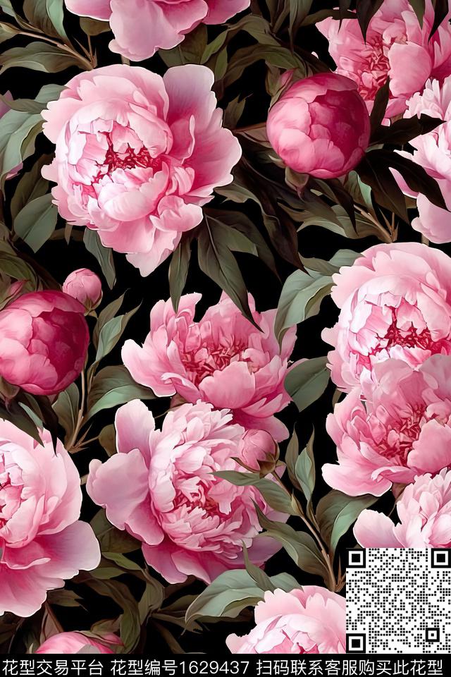 黑底花卉花卉数码印花华亿平台下载（图片编号: 1629437） - 瓦栏（Walan）