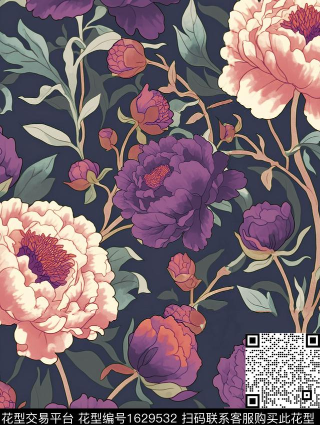 花卉大花牡丹数码印花华亿平台下载（图片编号: 1629532） - 瓦栏（Walan）