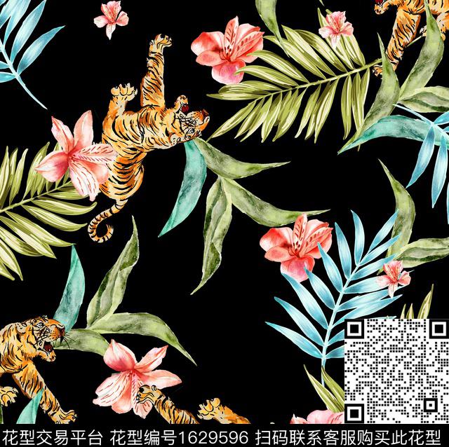 老虎花卉水彩数码印花华亿平台下载（图片编号: 1629596） - 瓦栏（Walan）