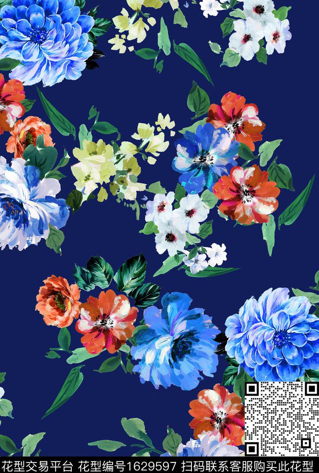 水彩花卉花卉深蓝色背景数码印花华亿平台下载（图片编号: 1629597） - 瓦栏（Walan）