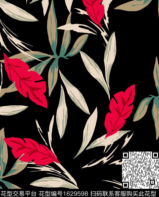 黑底叶子传统印花华亿平台下载（图片编号: 1629598） - 瓦栏（Walan）