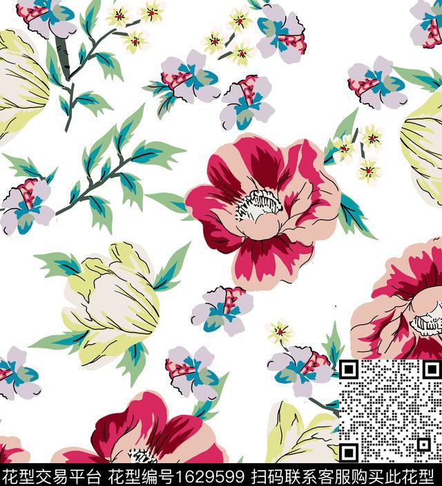手绘简笔画花卉传统印花华亿平台下载（图片编号: 1629599） - 瓦栏（Walan）