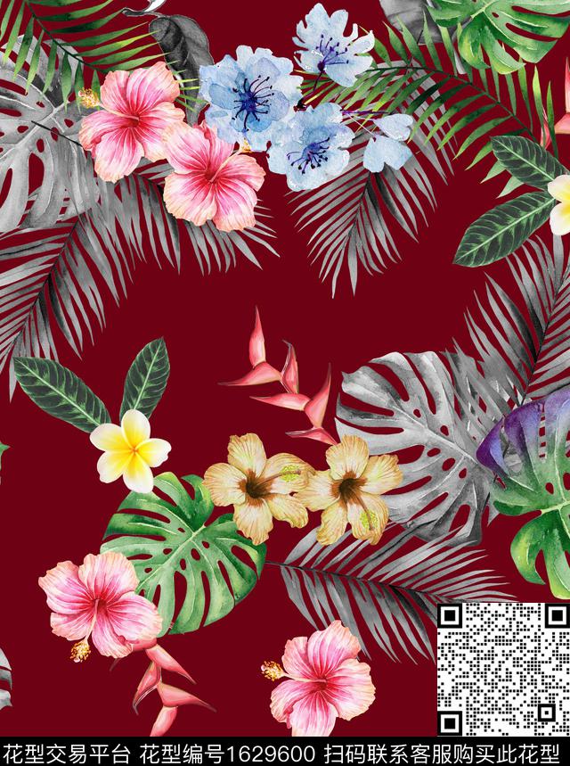 水彩热带龟背竹数码印花华亿平台下载（图片编号: 1629600） - 瓦栏（Walan）