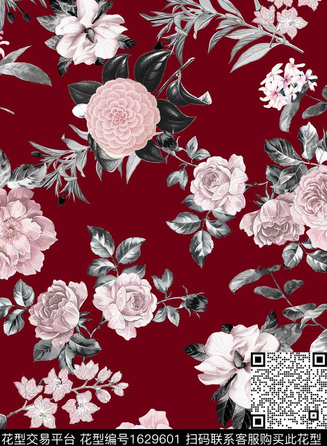 复古花卉深红色背景数码印花华亿平台下载（图片编号: 1629601） - 瓦栏（Walan）