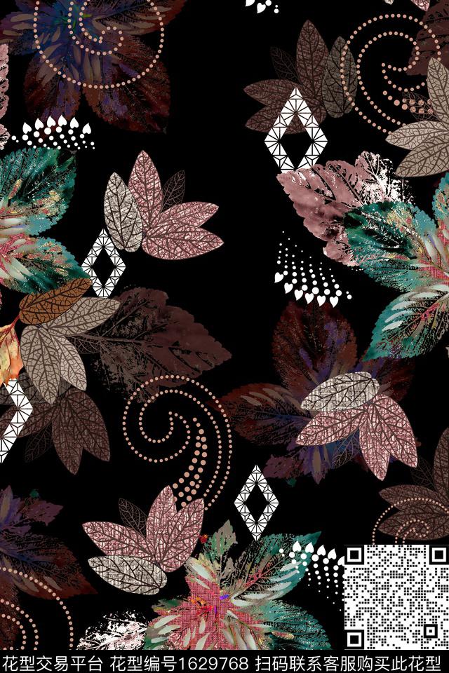 中老年几何绿植树叶数码印花华亿平台下载（图片编号: 1629768） - 瓦栏（Walan）