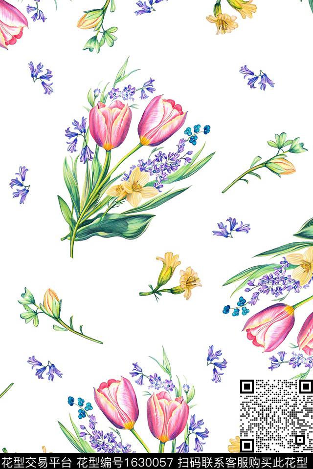 花卉年轻女装白底花数码印花华亿平台下载（图片编号: 1630057） - 瓦栏（Walan）