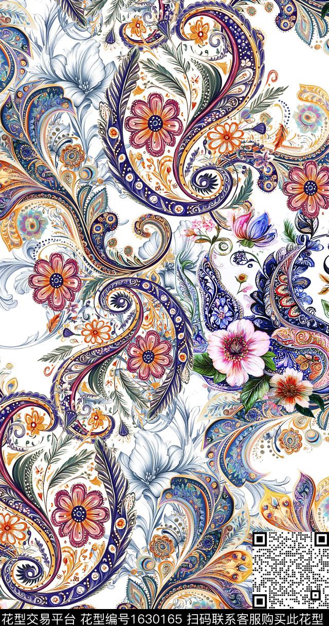花卉水彩民族风数码印花华亿平台下载（图片编号: 1630165） - 瓦栏（Walan）