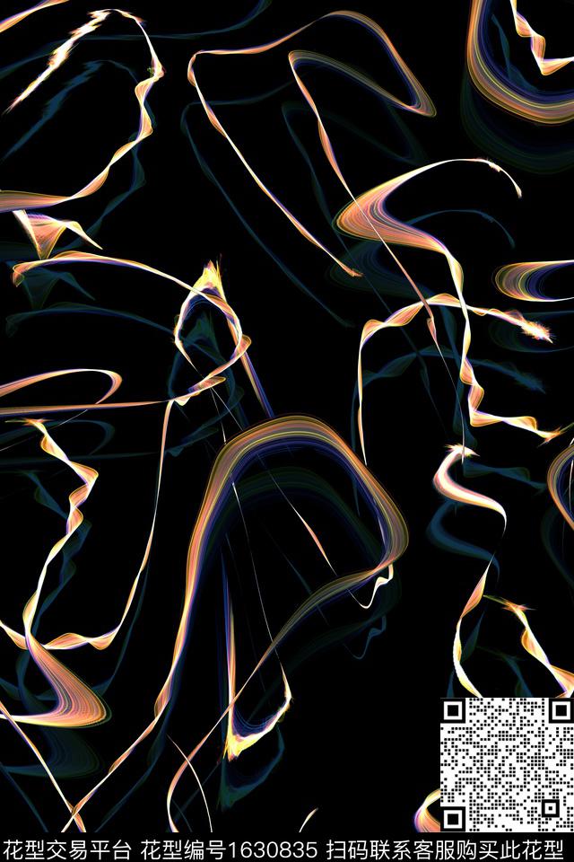 线条抽象黑底花卉数码印花华亿平台下载（图片编号: 1630835） - 瓦栏（Walan）