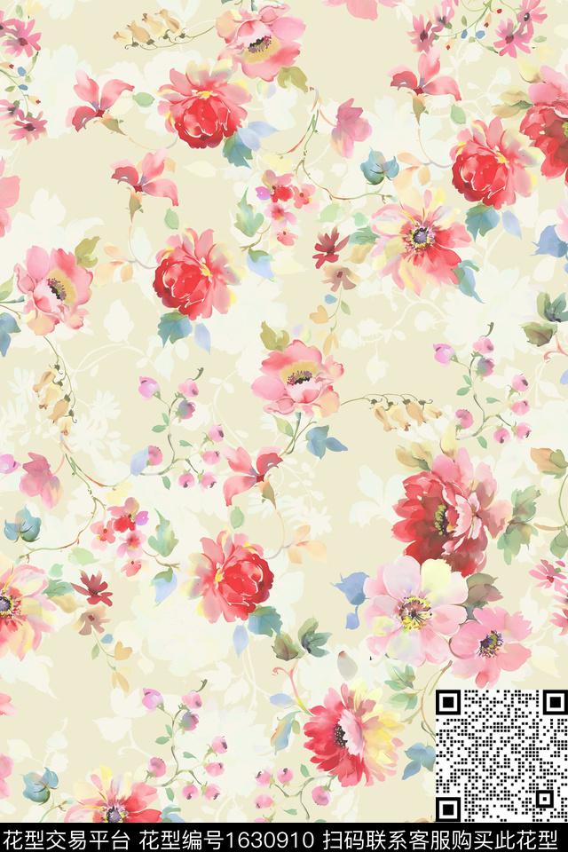 小清新水彩花卉剪影数码印花华亿平台下载（图片编号: 1630910） - 瓦栏（Walan）