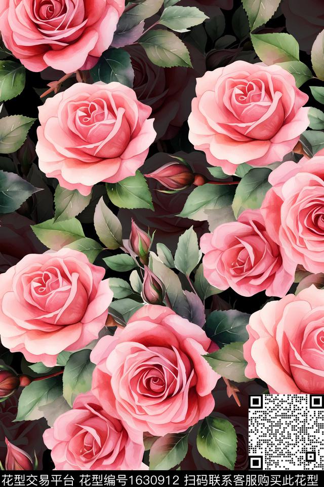 影花黑底花卉花卉数码印花华亿平台下载（图片编号: 1630912） - 瓦栏（Walan）