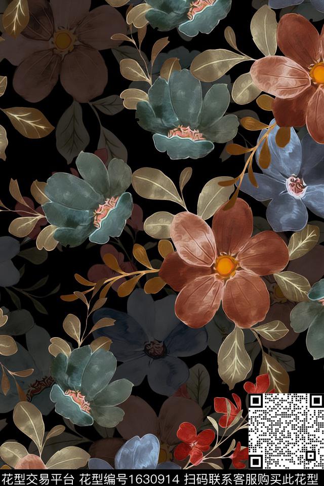 花卉黑底花卉影花数码印花华亿平台下载（图片编号: 1630914） - 瓦栏（Walan）